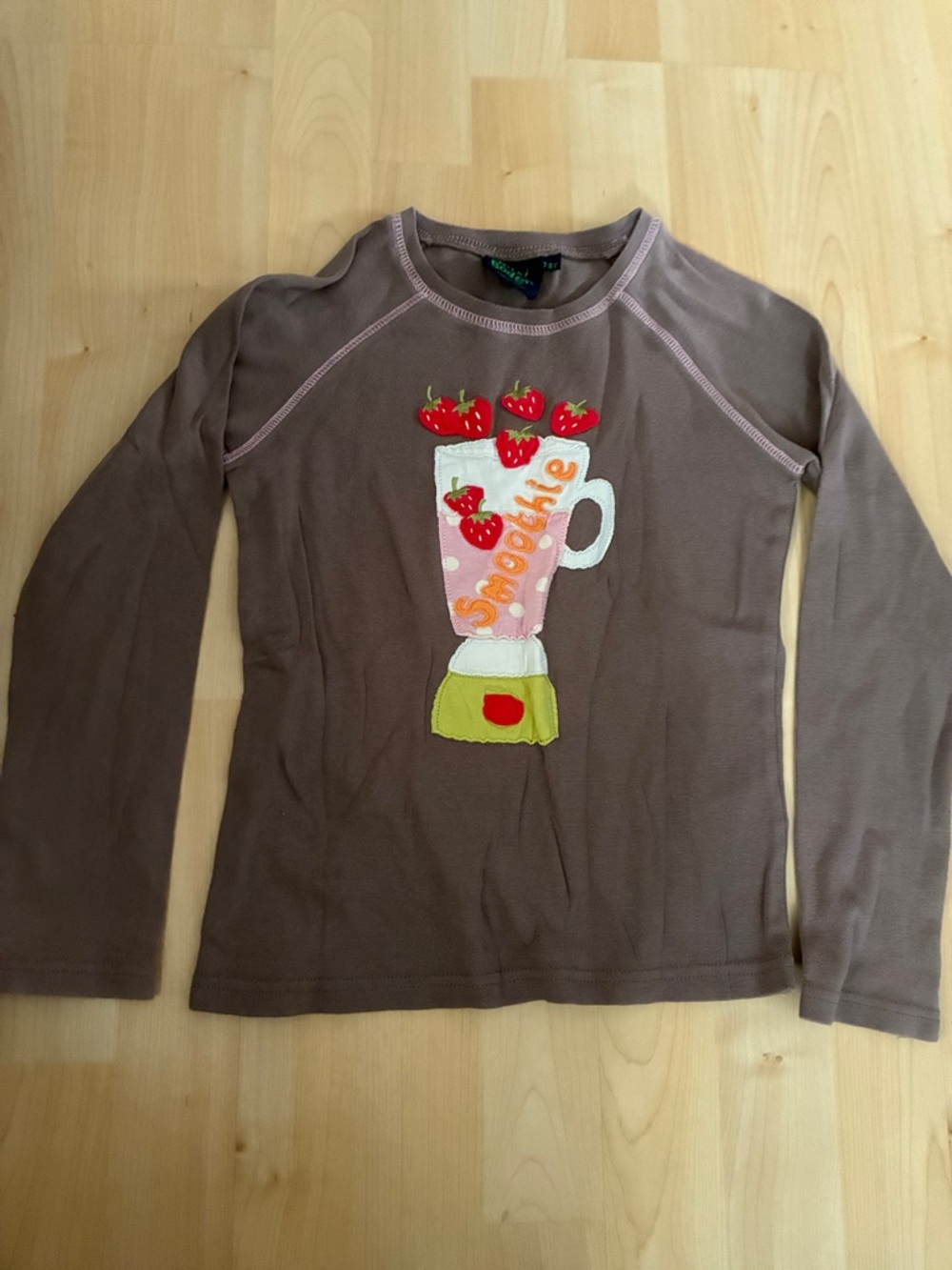 Mini Boden Brown Long Sleeve Tee with Strawberry Smoothie Blender Graphic